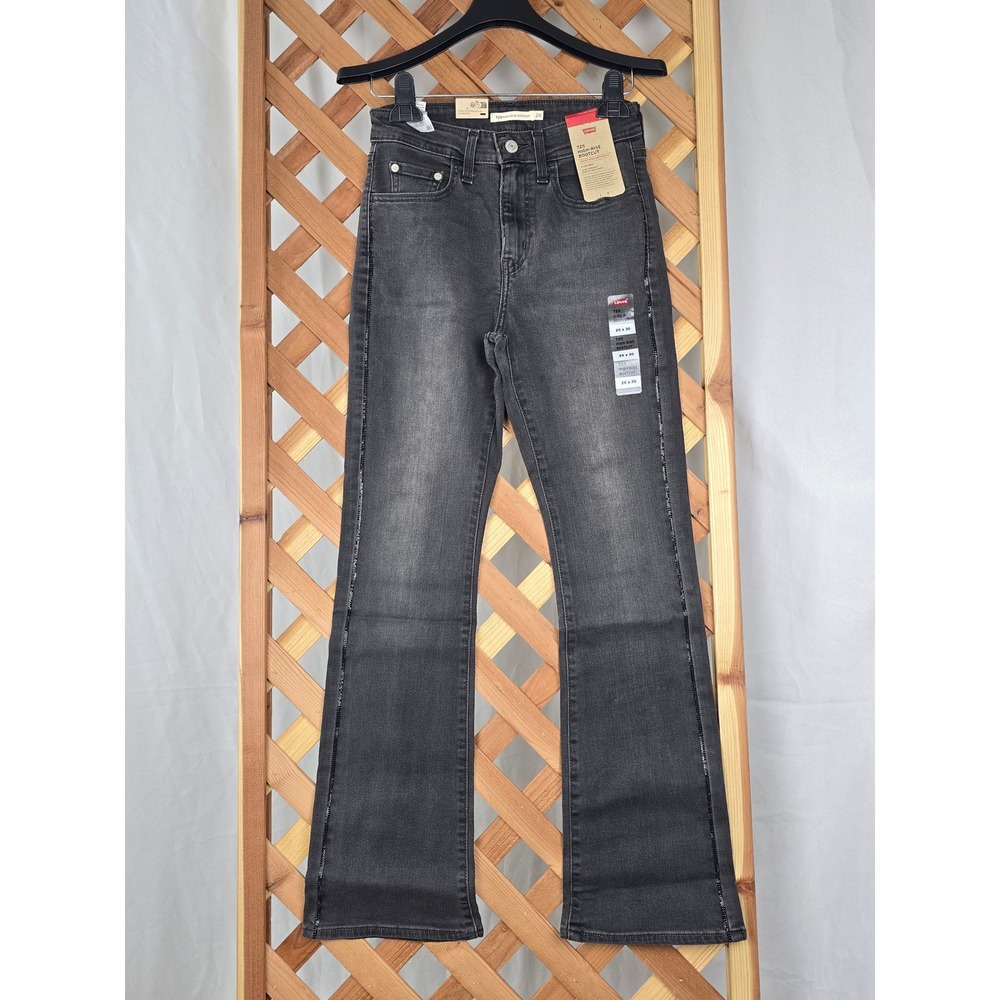 Levi 725 High Rise Bootcut Jeans Womens 26x30 Gray Rhinestone Side Stripe - NEW